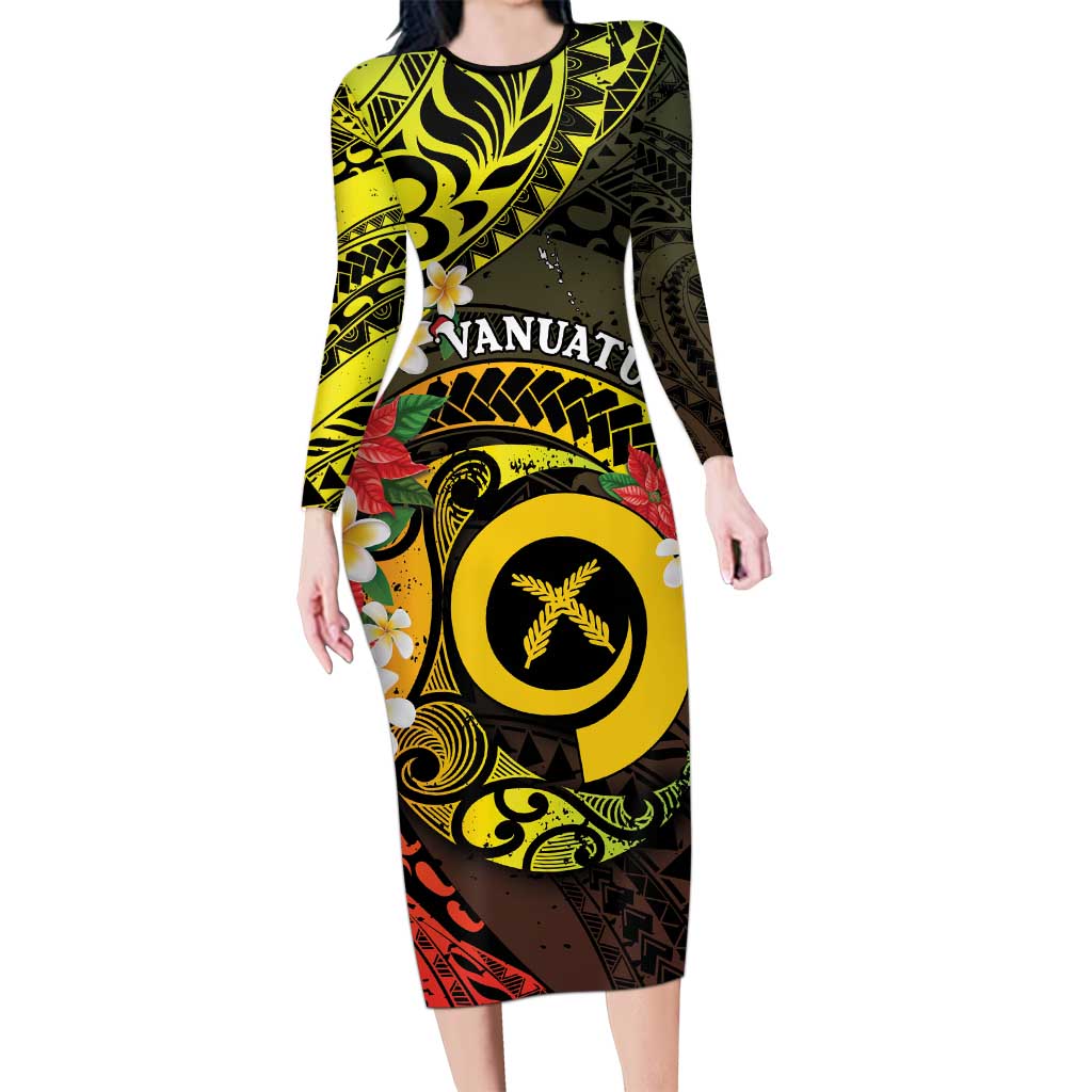 Vanuatu Christmas Long Sleeve Bodycon Dress Vanuatuan Pig Tusk - Meri Krismas!