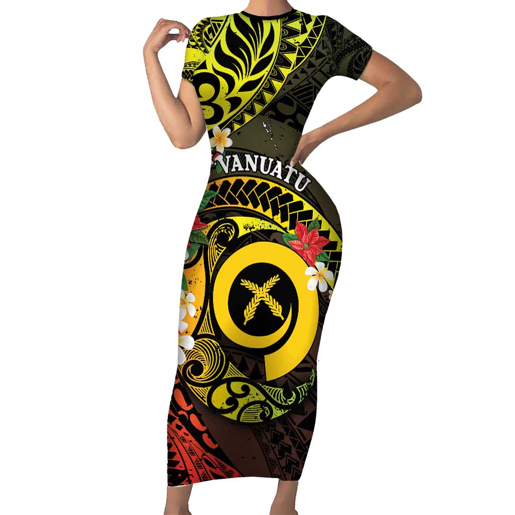 Vanuatu Christmas Short Sleeve Bodycon Dress Vanuatuan Pig Tusk - Meri Krismas!