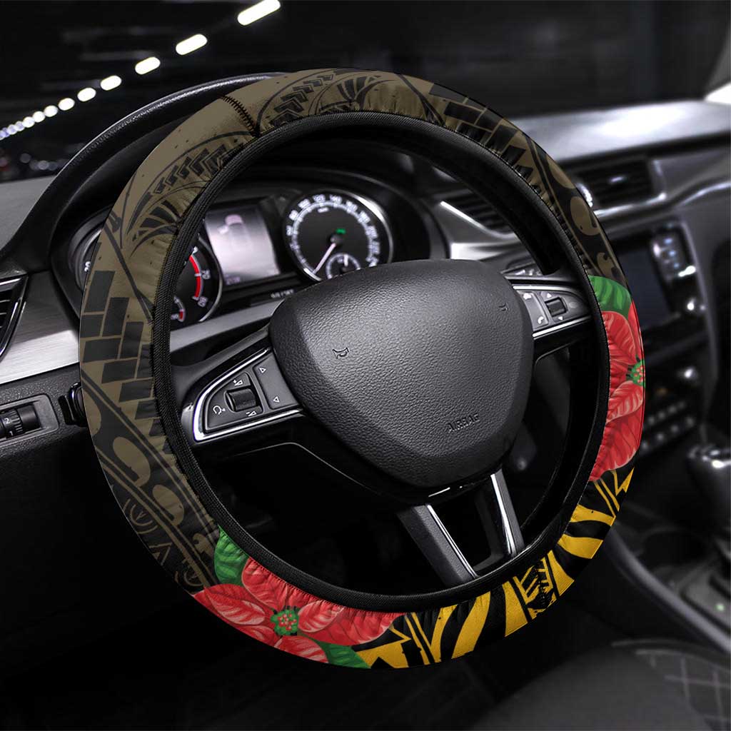 Vanuatu Christmas Steering Wheel Cover Vanuatuan Pig Tusk - Meri Krismas! LT14 Universal Fit Black - Polynesian Pride