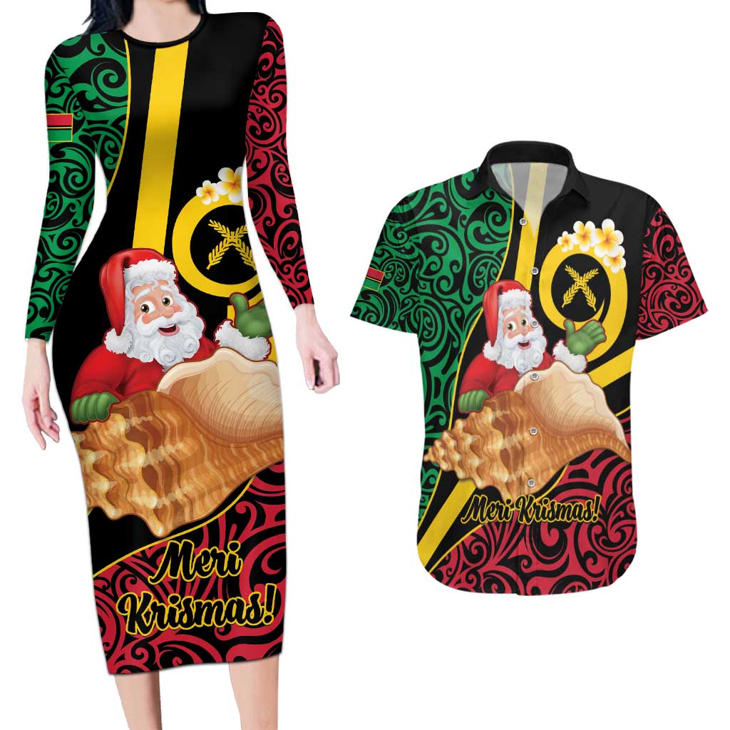 Vanuatu Christmas Couples Matching Long Sleeve Bodycon Dress and Hawaiian Shirt Vanuatuan Conch Shell - Meri Krismas!