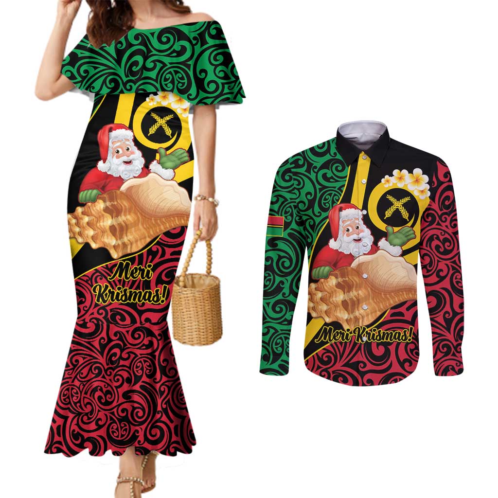 Vanuatu Christmas Couples Matching Mermaid Dress and Long Sleeve Button Shirt Vanuatuan Conch Shell - Meri Krismas! LT14 Black - Polynesian Pride