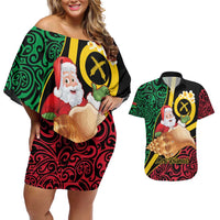 Vanuatu Christmas Couples Matching Off Shoulder Short Dress and Hawaiian Shirt Vanuatuan Conch Shell - Meri Krismas!