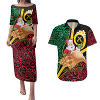 Vanuatu Christmas Couples Matching Puletasi and Hawaiian Shirt Vanuatuan Conch Shell - Meri Krismas! LT14 Black - Polynesian Pride