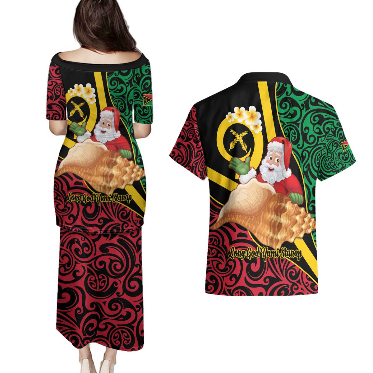 Vanuatu Christmas Couples Matching Puletasi and Hawaiian Shirt Vanuatuan Conch Shell - Meri Krismas! LT14 - Polynesian Pride