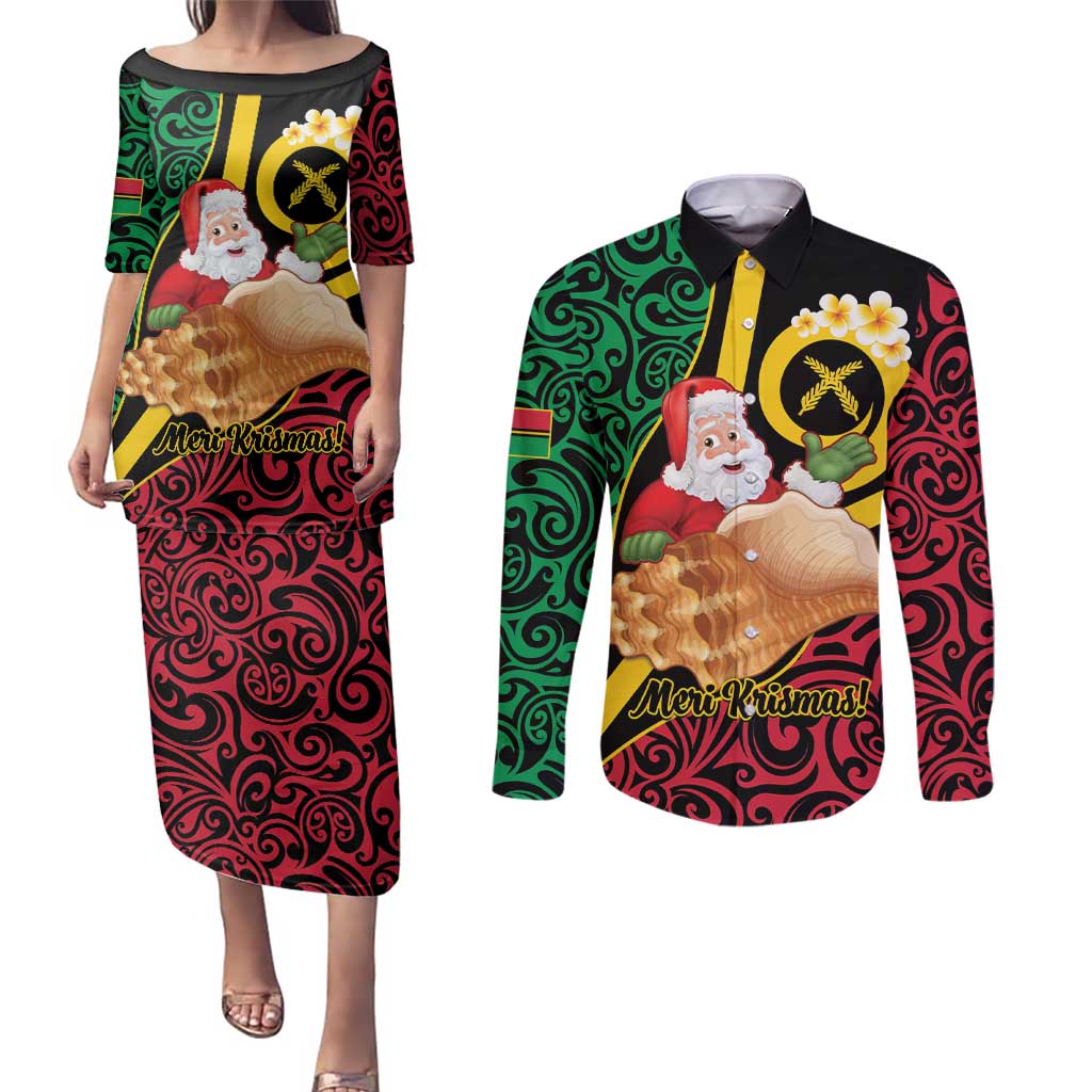 Vanuatu Christmas Couples Matching Puletasi and Long Sleeve Button Shirt Vanuatuan Conch Shell - Meri Krismas! LT14 Black - Polynesian Pride
