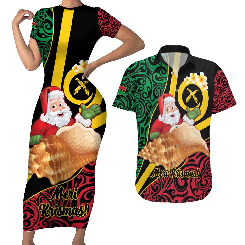 Vanuatu Christmas Couples Matching Short Sleeve Bodycon Dress and Hawaiian Shirt Vanuatuan Conch Shell - Meri Krismas!