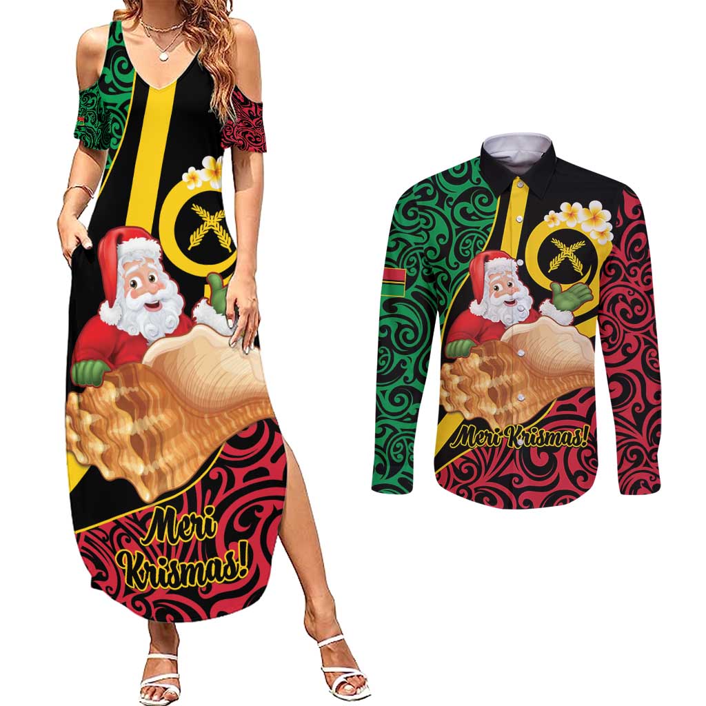 Vanuatu Christmas Couples Matching Summer Maxi Dress and Long Sleeve Button Shirt Vanuatuan Conch Shell - Meri Krismas! LT14 Black - Polynesian Pride