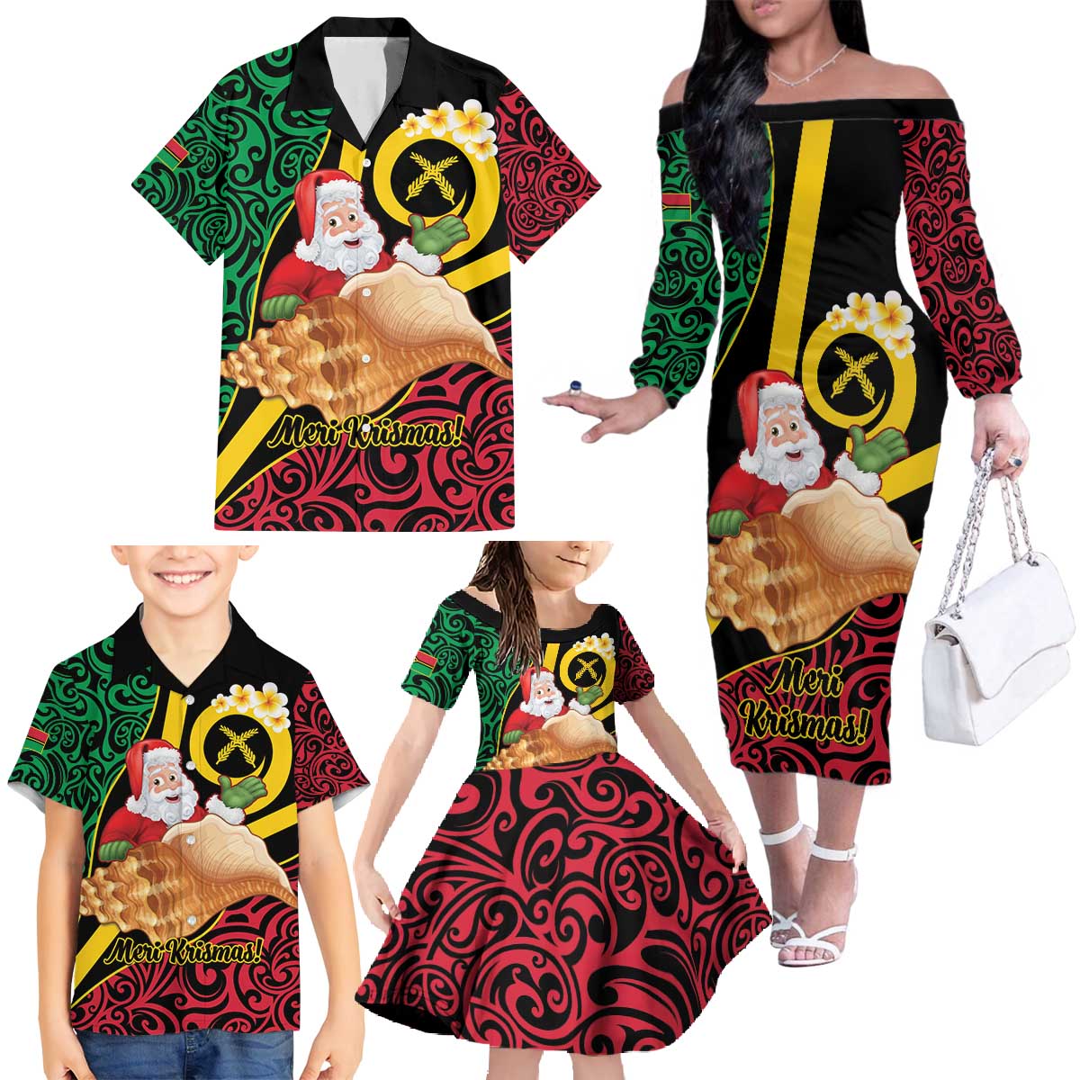 Vanuatu Christmas Family Matching Off The Shoulder Long Sleeve Dress and Hawaiian Shirt Vanuatuan Conch Shell - Meri Krismas!