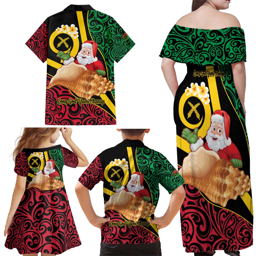 Vanuatu Christmas Family Matching Off Shoulder Maxi Dress and Hawaiian Shirt Vanuatuan Conch Shell - Meri Krismas!