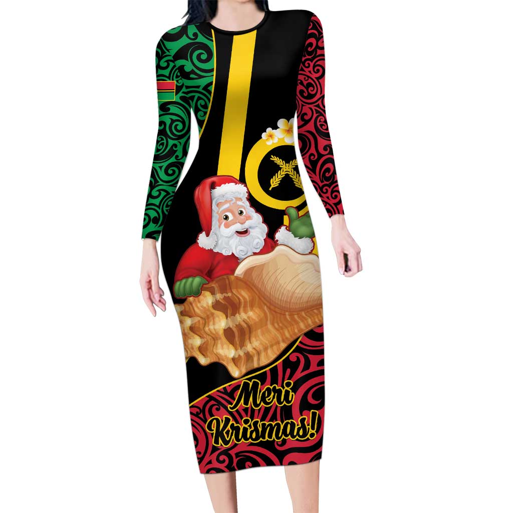 Vanuatu Christmas Long Sleeve Bodycon Dress Vanuatuan Conch Shell - Meri Krismas!