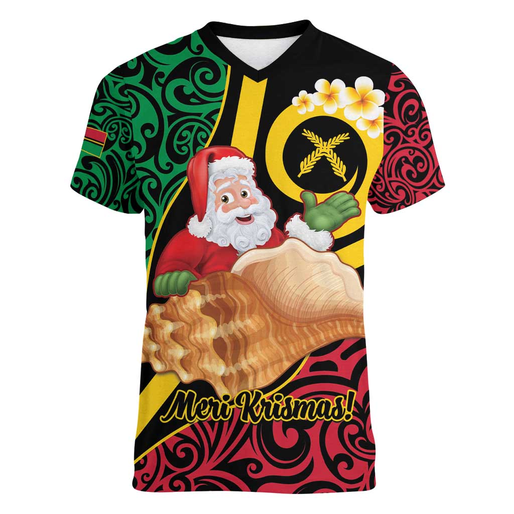 Vanuatu Christmas Women V-Neck T-Shirt Vanuatuan Conch Shell - Meri Krismas! LT14 Female Black - Polynesian Pride