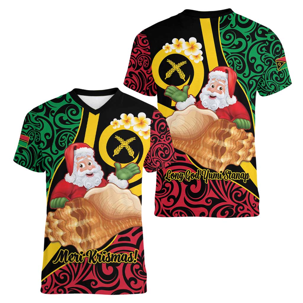 Vanuatu Christmas Women V-Neck T-Shirt Vanuatuan Conch Shell - Meri Krismas! LT14 - Polynesian Pride