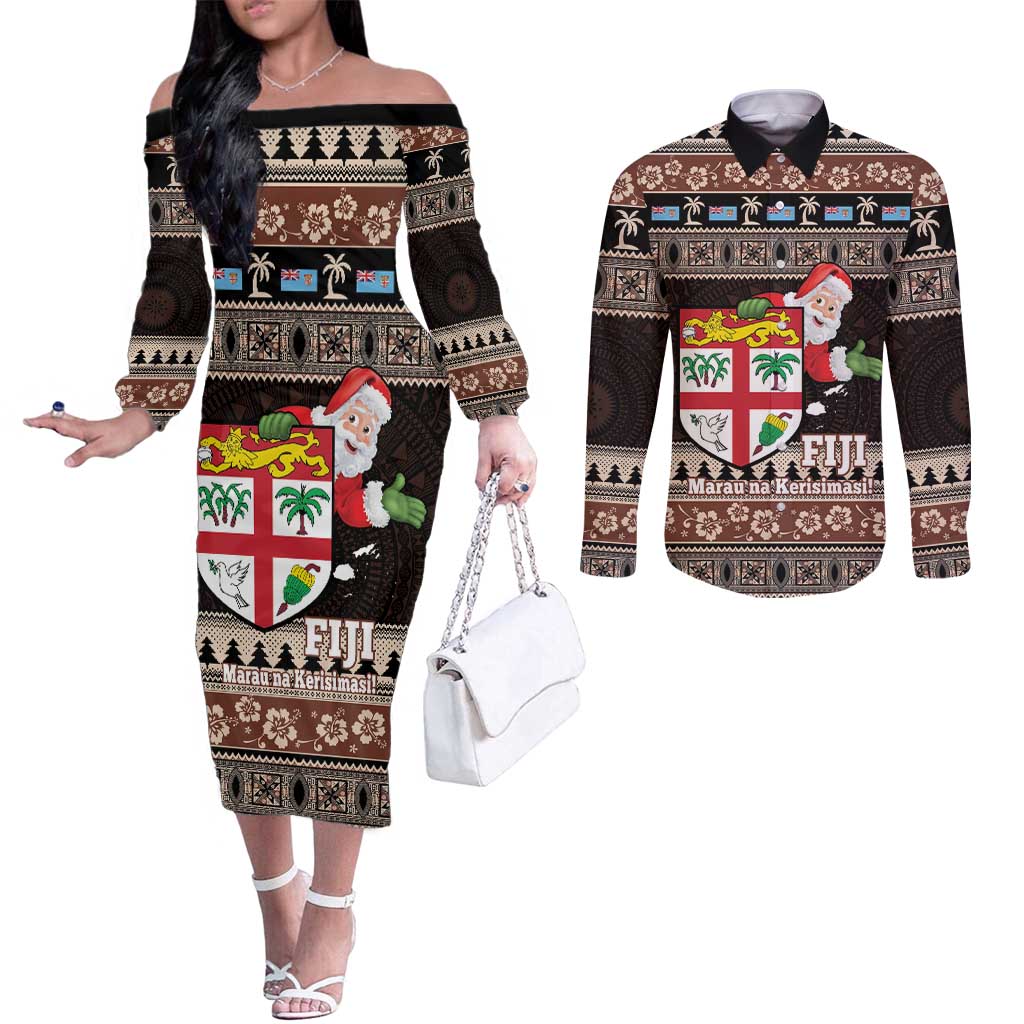 Fiji Christmas Couples Matching Off The Shoulder Long Sleeve Dress and Long Sleeve Button Shirt Fijian Masi Marau na Kerisimasi! - Brown