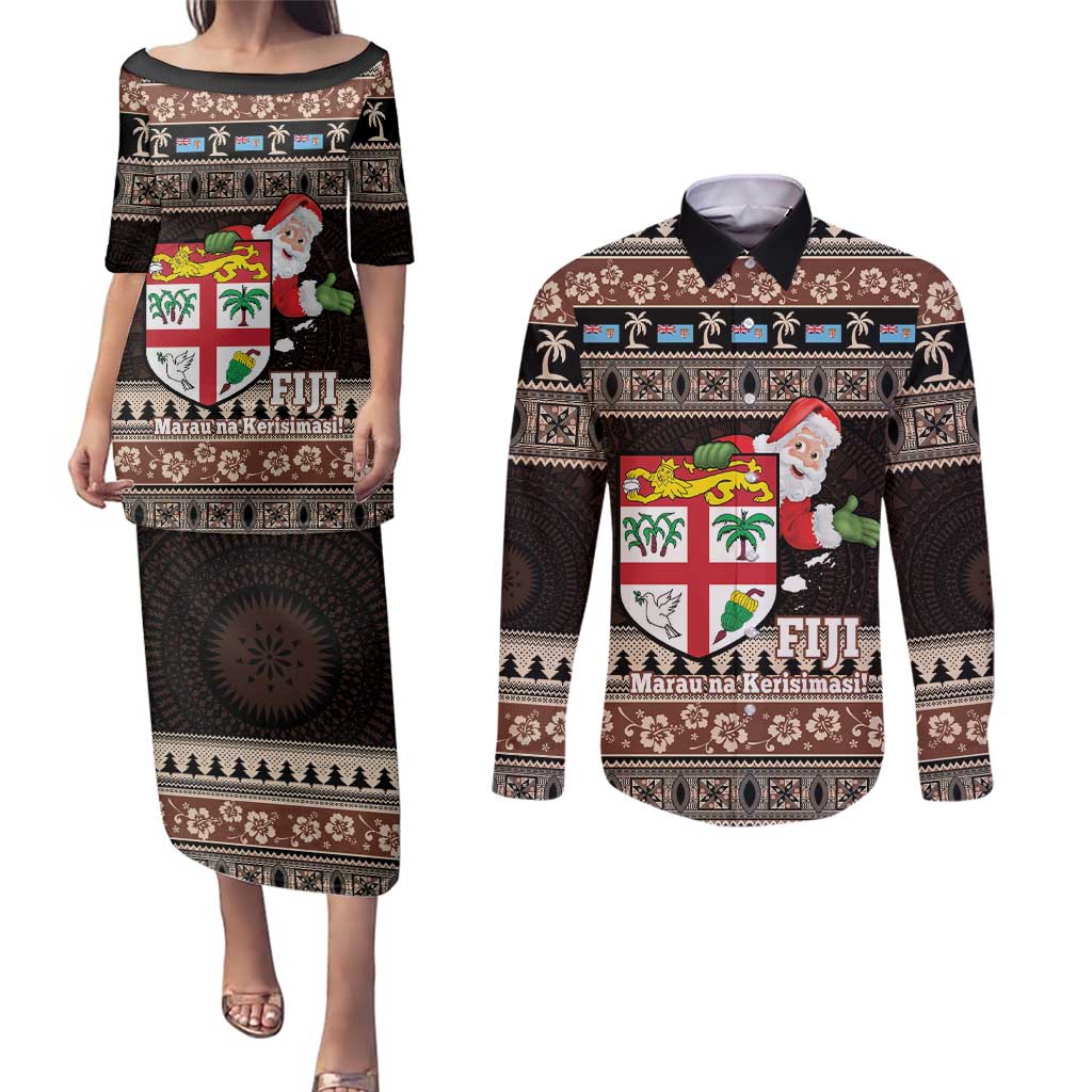 Fiji Christmas Couples Matching Puletasi and Long Sleeve Button Shirt Fijian Masi Marau na Kerisimasi! - Brown