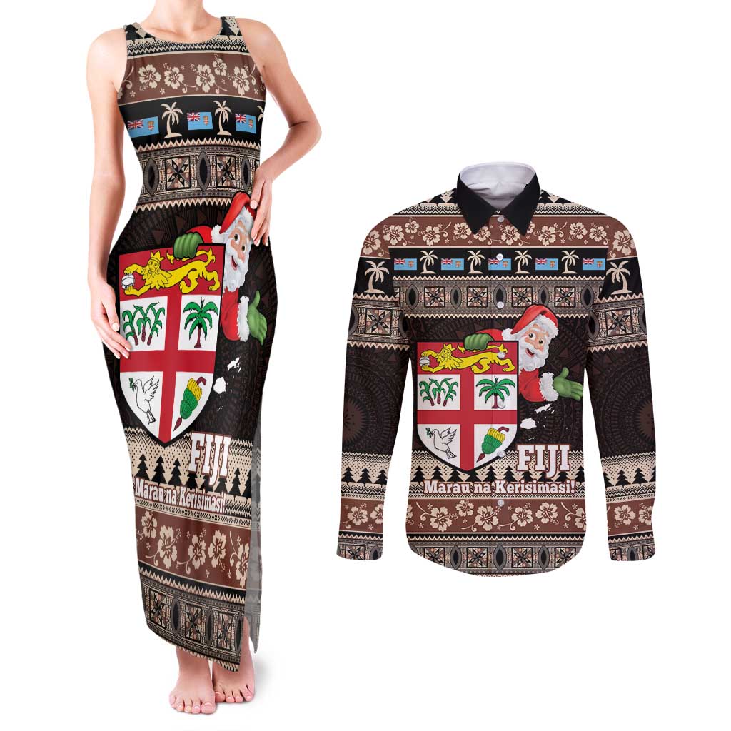 Fiji Christmas Couples Matching Tank Maxi Dress and Long Sleeve Button Shirt Fijian Masi Marau na Kerisimasi! - Brown