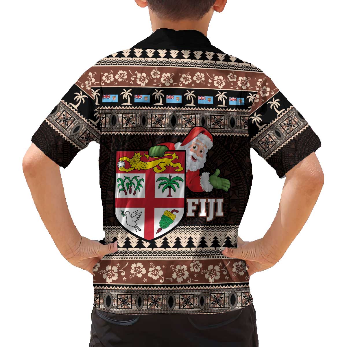 Fiji Christmas Family Matching Off The Shoulder Long Sleeve Dress and Hawaiian Shirt Fijian Masi Marau na Kerisimasi! - Brown