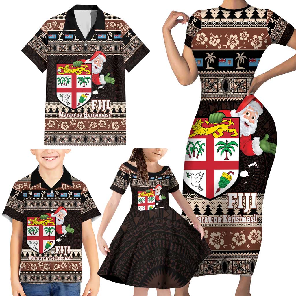 Fiji Christmas Family Matching Short Sleeve Bodycon Dress and Hawaiian Shirt Fijian Masi Marau na Kerisimasi! - Brown