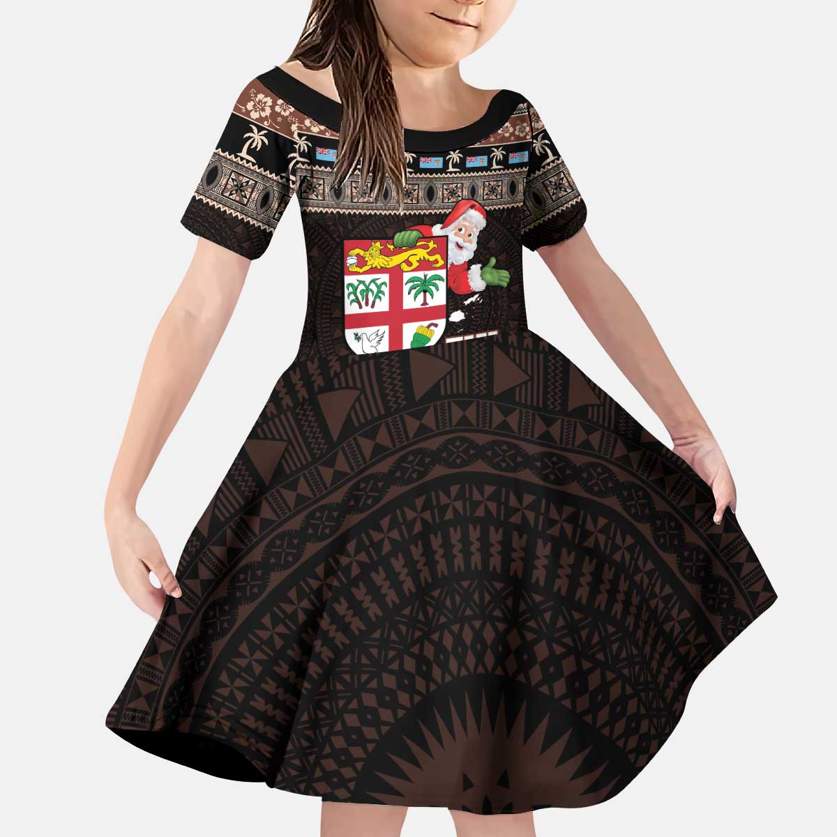 Fiji Christmas Kid Short Sleeve Dress Fijian Masi Marau na Kerisimasi! - Brown