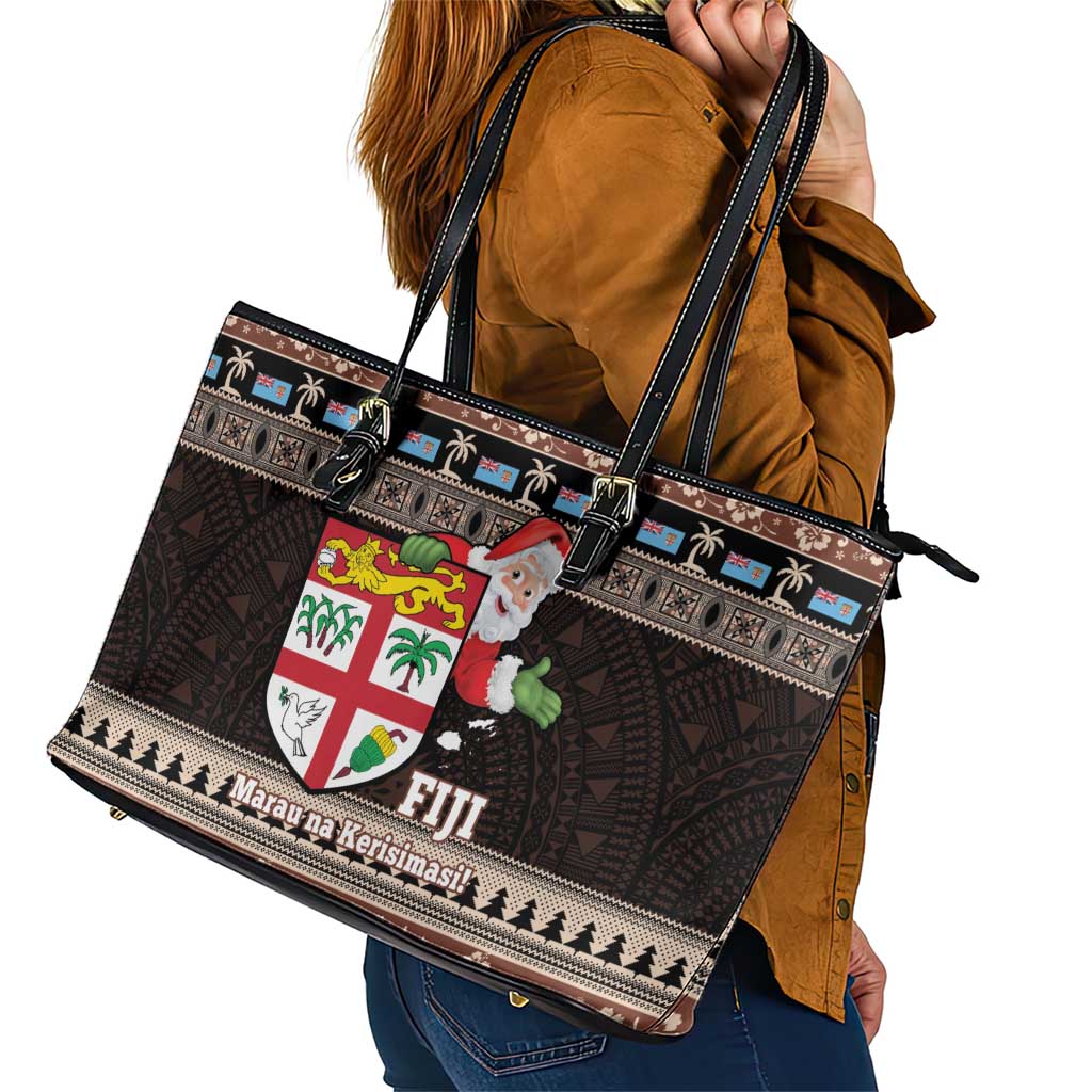 Fiji Christmas Leather Tote Bag Fijian Masi Marau na Kerisimasi! - Brown
