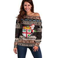 Fiji Christmas Off Shoulder Sweater Fijian Masi Marau na Kerisimasi! - Brown