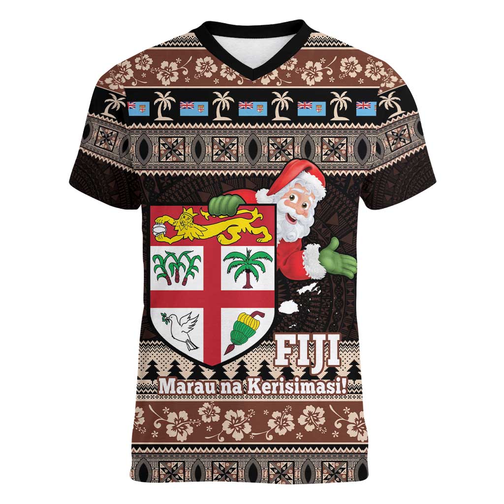 Fiji Christmas Women V-Neck T-Shirt Fijian Masi Marau na Kerisimasi! - Brown