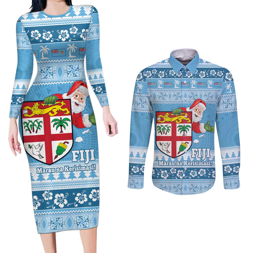 Fiji Christmas Couples Matching Long Sleeve Bodycon Dress and Long Sleeve Button Shirt Fijian Masi Marau na Kerisimasi! - Blue