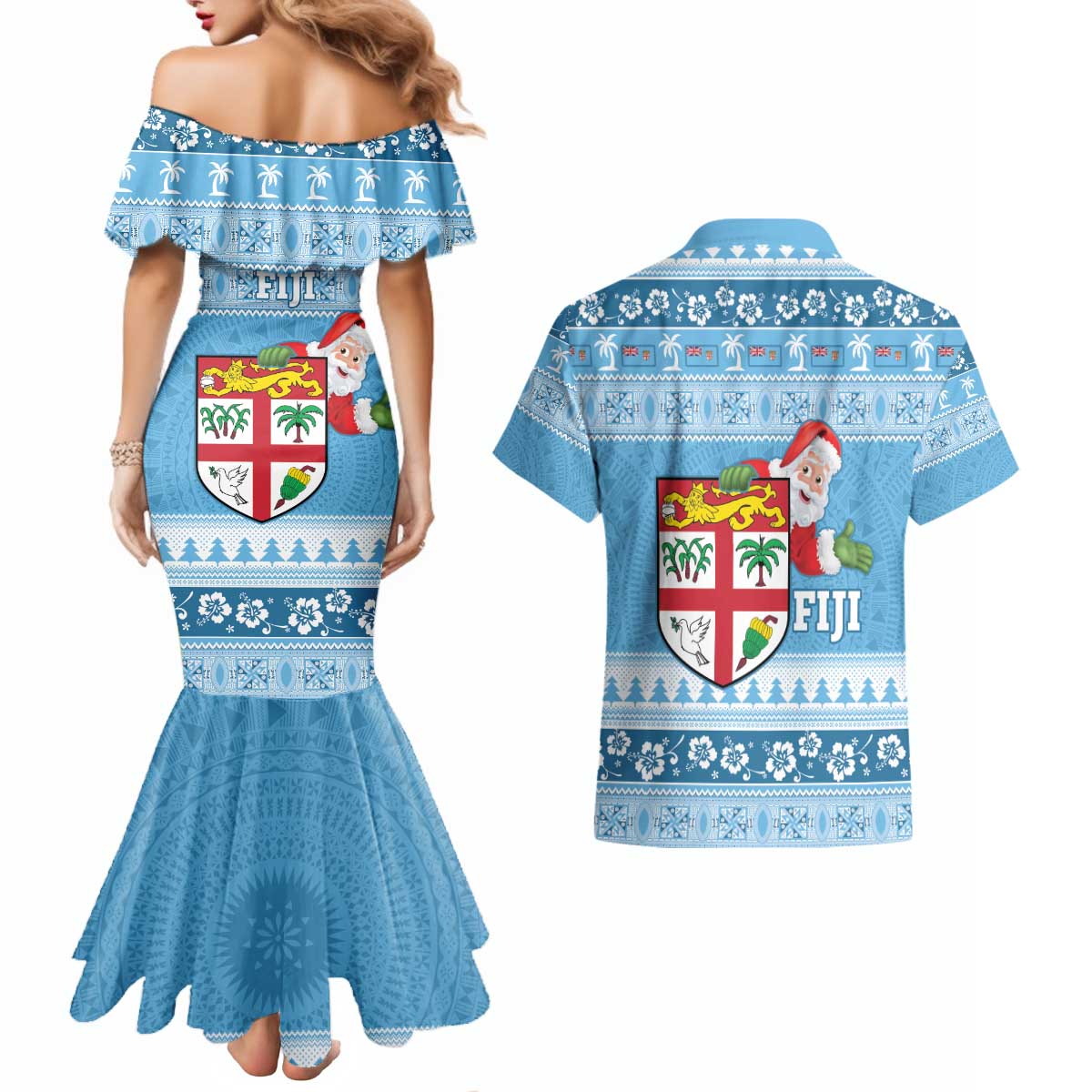 Fiji Christmas Couples Matching Mermaid Dress and Hawaiian Shirt Fijian Masi Marau na Kerisimasi! - Blue