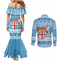 Fiji Christmas Couples Matching Mermaid Dress and Long Sleeve Button Shirt Fijian Masi Marau na Kerisimasi! - Blue
