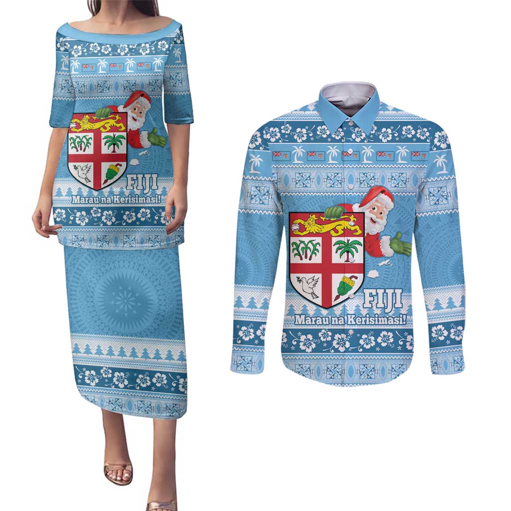 Fiji Christmas Couples Matching Puletasi and Long Sleeve Button Shirt Fijian Masi Marau na Kerisimasi! - Blue