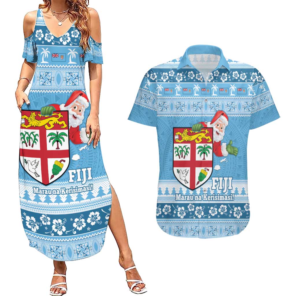 Fiji Christmas Couples Matching Summer Maxi Dress and Hawaiian Shirt Fijian Masi Marau na Kerisimasi! - Blue