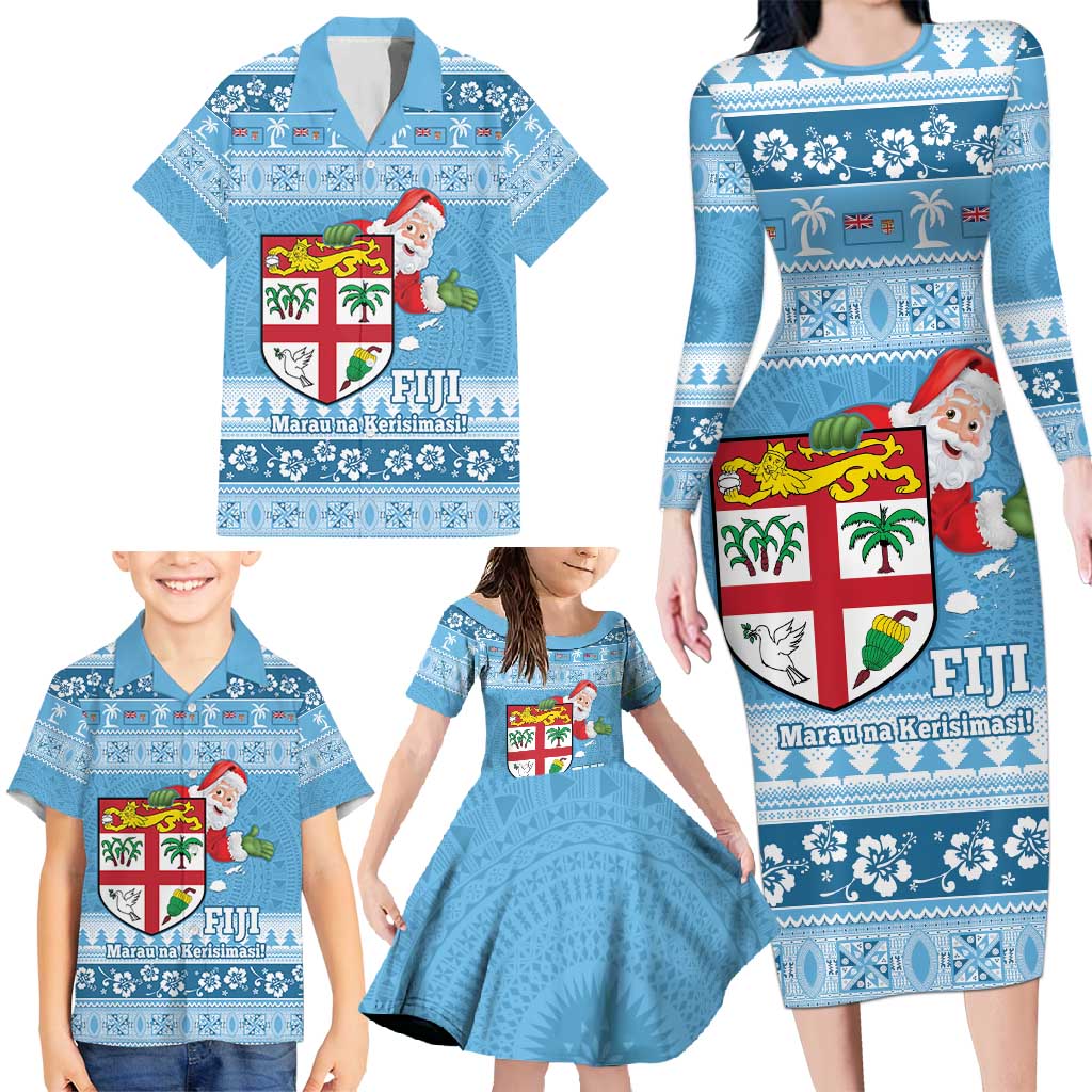 Fiji Christmas Family Matching Long Sleeve Bodycon Dress and Hawaiian Shirt Fijian Masi Marau na Kerisimasi! - Blue