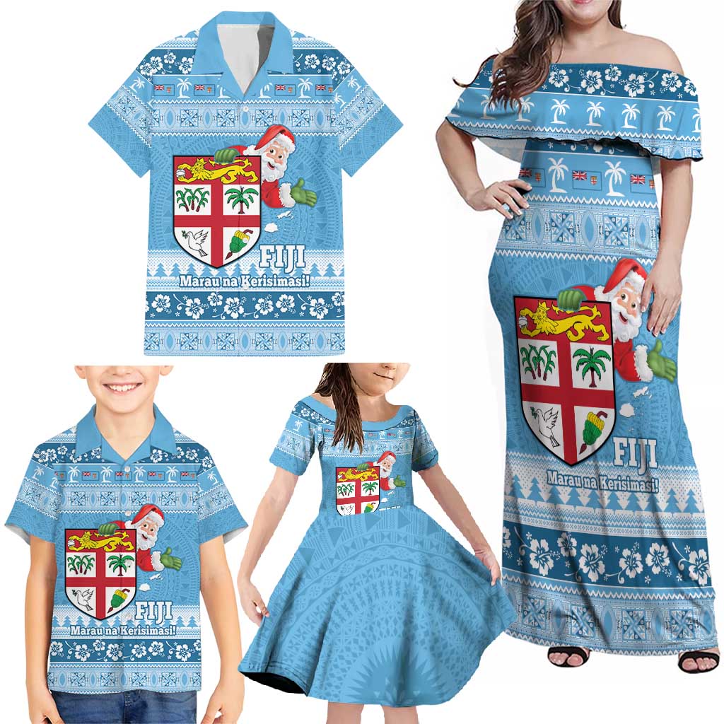 Fiji Christmas Family Matching Off Shoulder Maxi Dress and Hawaiian Shirt Fijian Masi Marau na Kerisimasi! - Blue