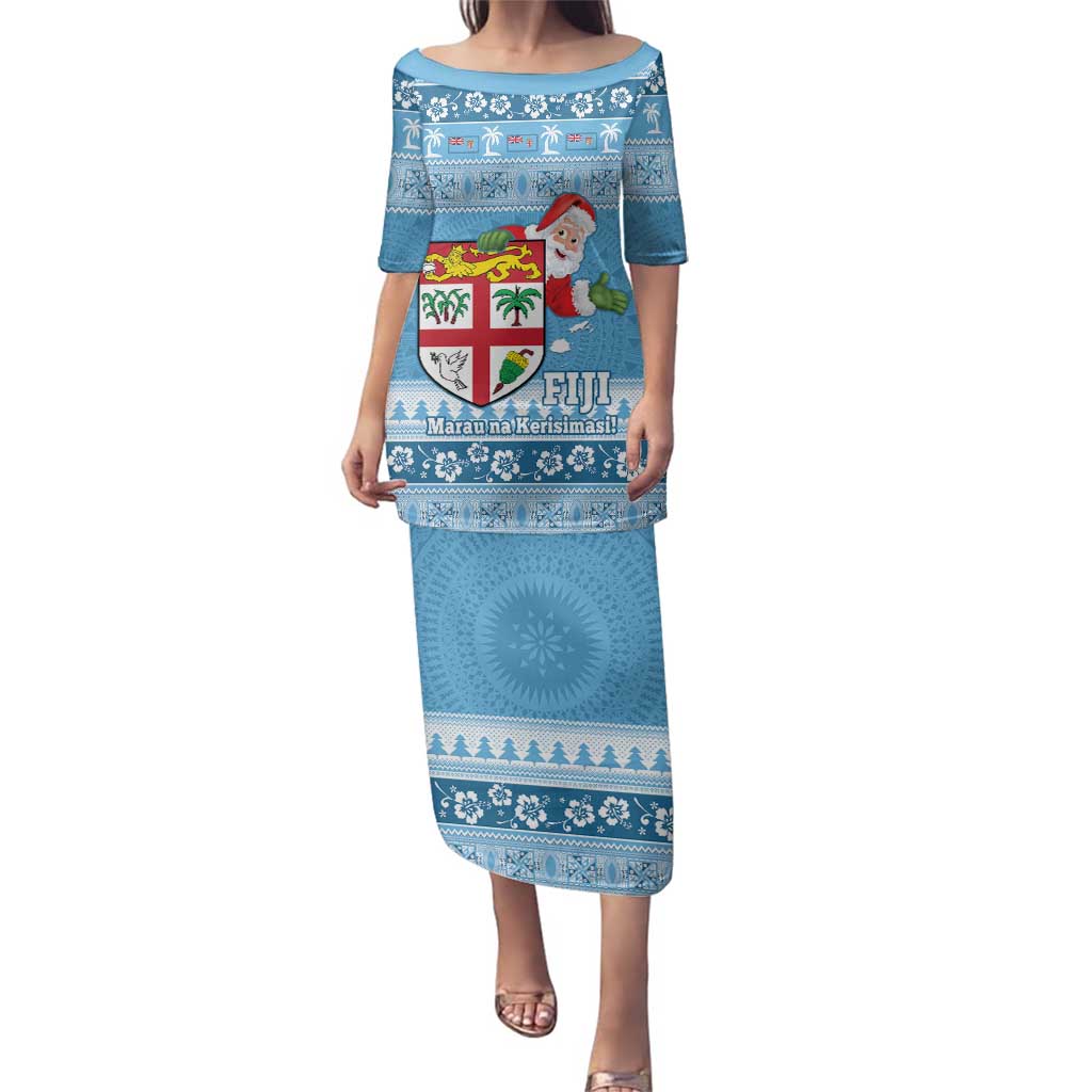 Fiji Christmas Family Matching Puletasi and Hawaiian Shirt Fijian Masi Marau na Kerisimasi! - Blue