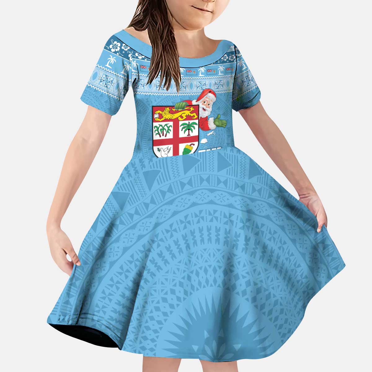 Fiji Christmas Kid Short Sleeve Dress Fijian Masi Marau na Kerisimasi! - Blue