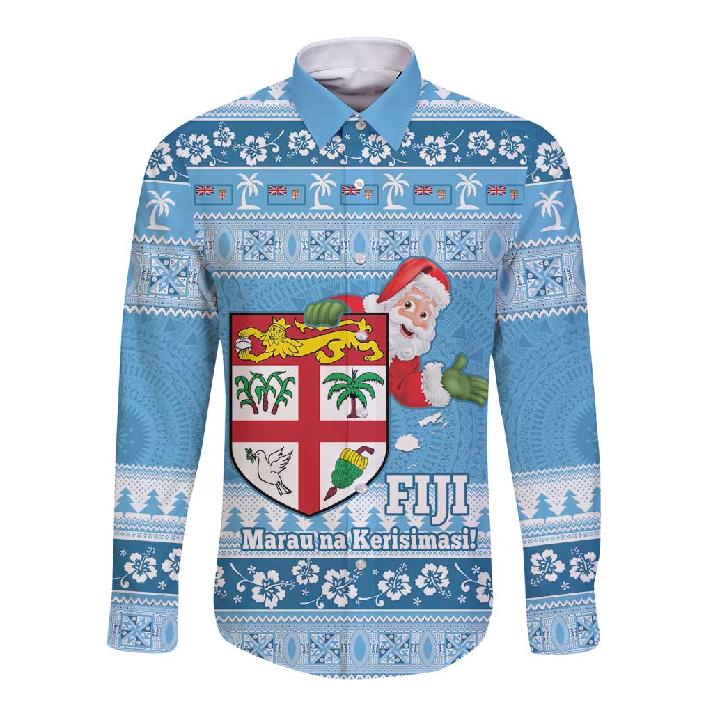 Fiji Christmas Long Sleeve Button Shirt Fijian Masi Marau na Kerisimasi! - Blue