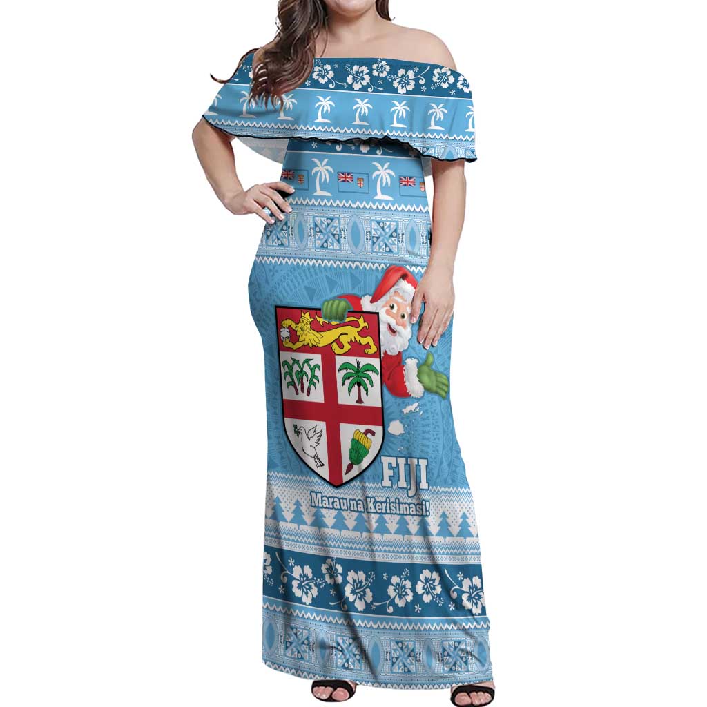 Fiji Christmas Off Shoulder Maxi Dress Fijian Masi Marau na Kerisimasi! - Blue