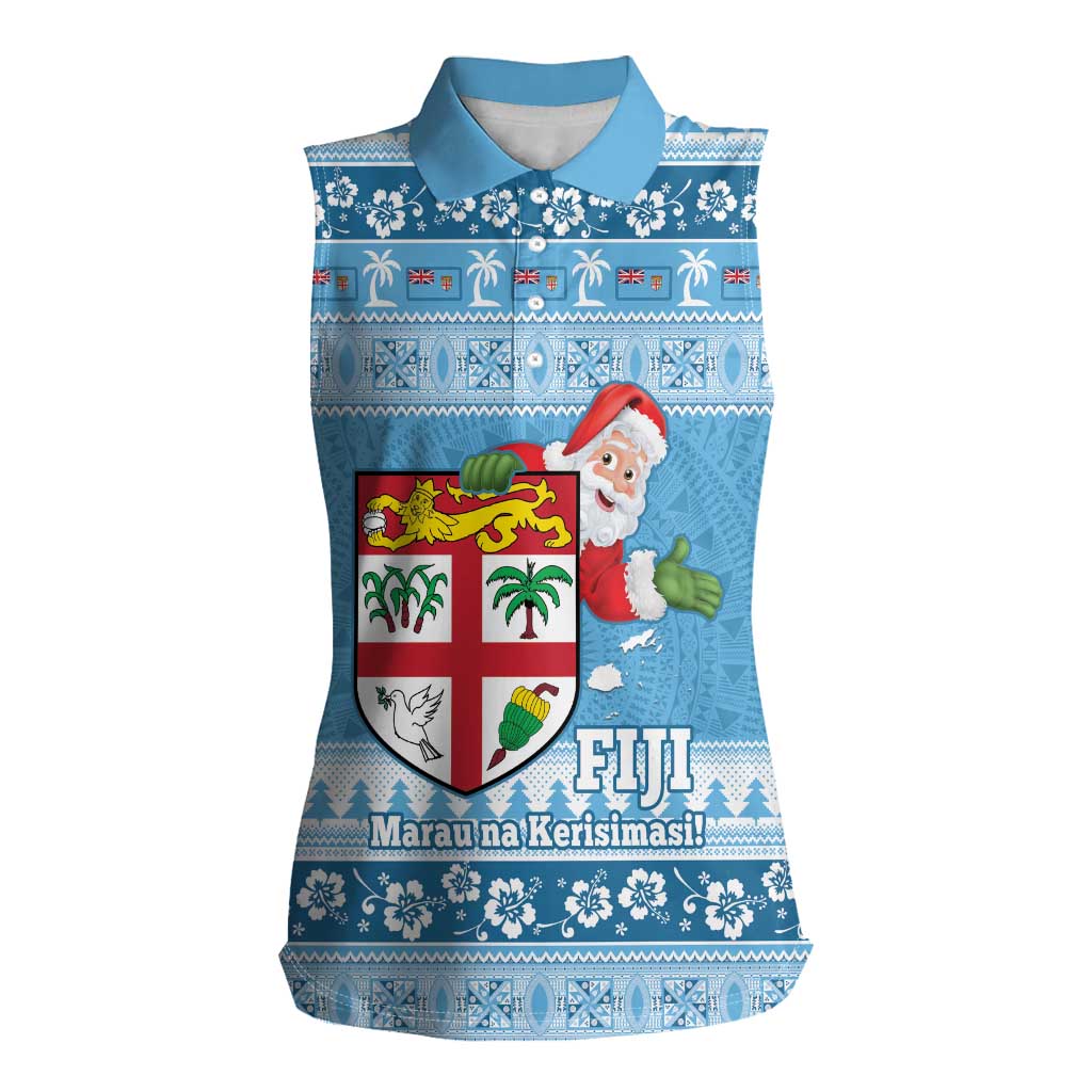 Fiji Christmas Women Sleeveless Polo Shirt Fijian Masi Marau na Kerisimasi! - Blue