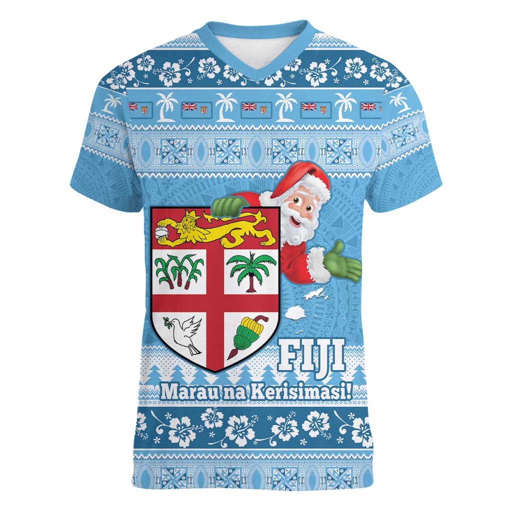 Fiji Christmas Women V-Neck T-Shirt Fijian Masi Marau na Kerisimasi! - Blue