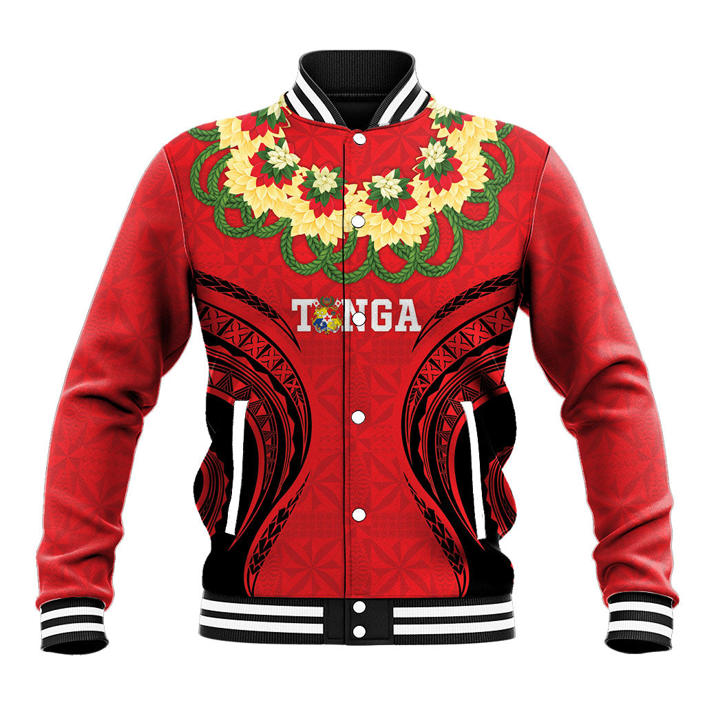 Personalised Red Tonga Ngatu Kahoa Lei Baseball Jacket LT14 Unisex Red - Polynesian Pride