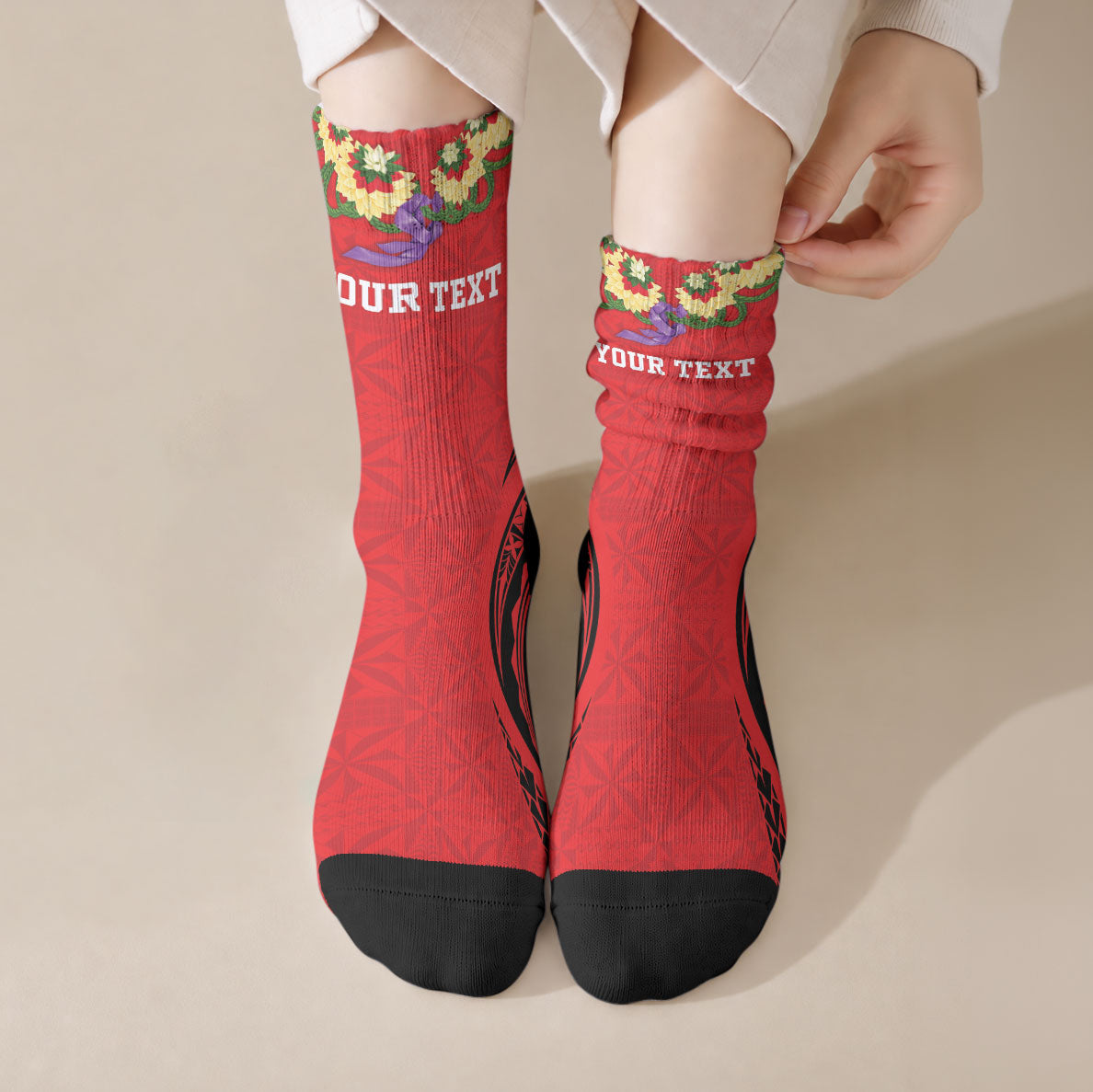 Personalised Red Tonga Ngatu Kahoa Lei Crew Socks LT14 Crew Socks Red - Polynesian Pride