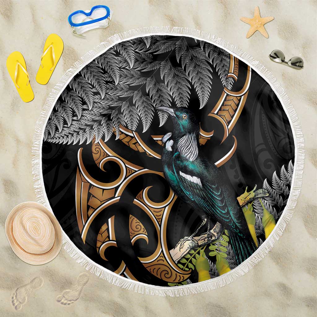 Aotearoa Kowhai Tui Bird Beach Blanket Maori Ngaru With Silver Fern LT14 One Size 150cm Black - Polynesian Pride