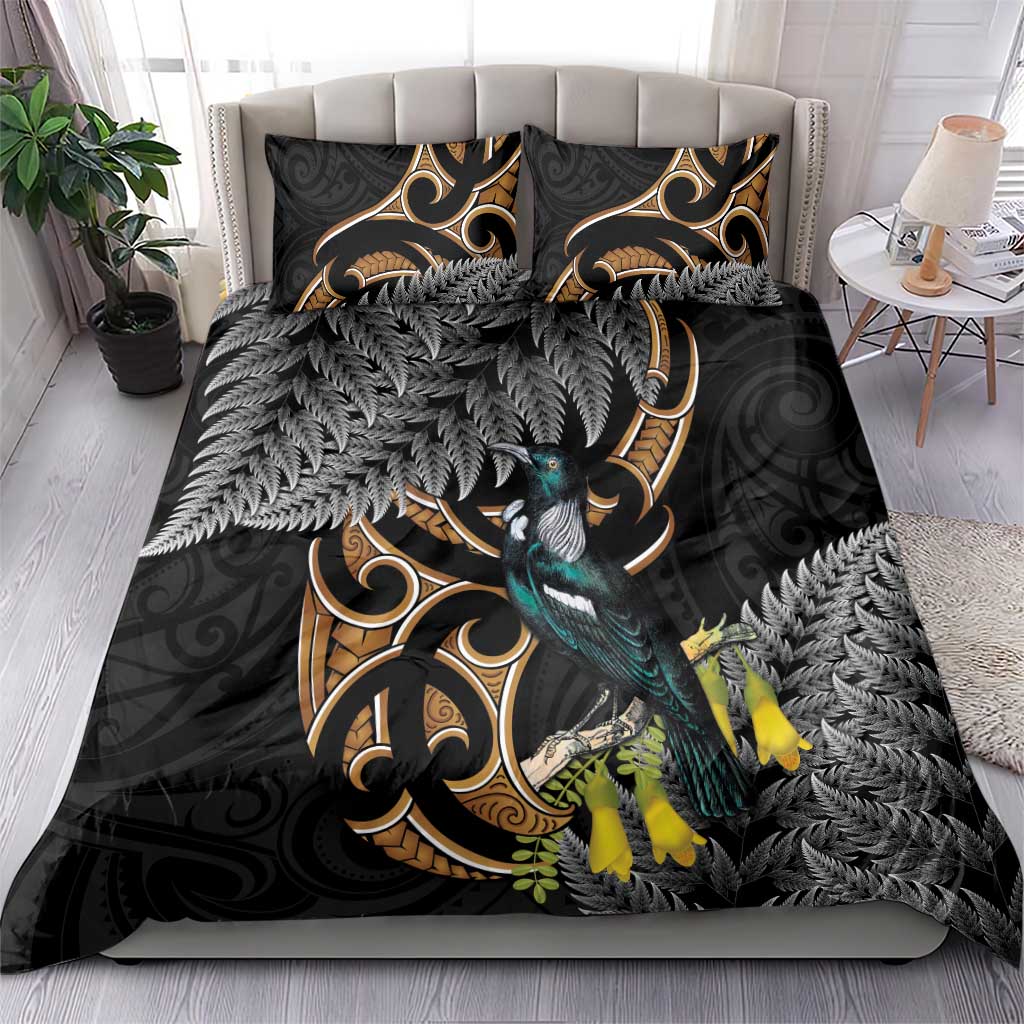 Aotearoa Kowhai Tui Bird Bedding Set Maori Ngaru With Silver Fern