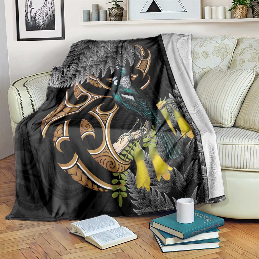 Aotearoa Kowhai Tui Bird Blanket Maori Ngaru With Silver Fern LT14 Black - Polynesian Pride