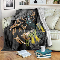 Aotearoa Kowhai Tui Bird Blanket Maori Ngaru With Silver Fern LT14 Black - Polynesian Pride
