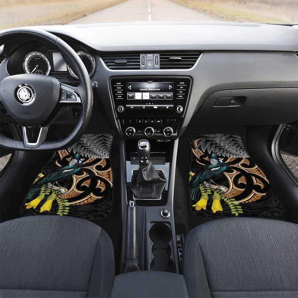Aotearoa Kowhai Tui Bird Car Mats Maori Ngaru With Silver Fern LT14 Set 2pcs - Front Black - Polynesian Pride
