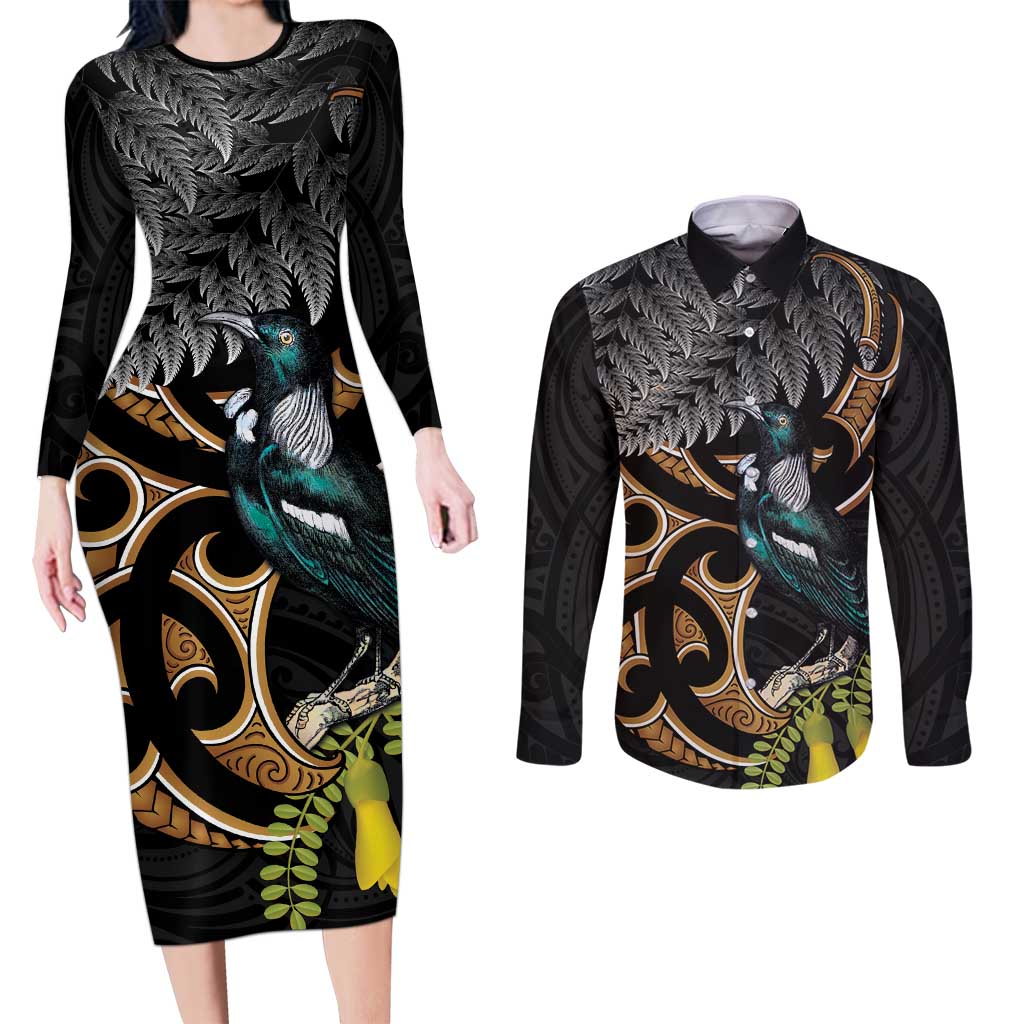 Aotearoa Kowhai Tui Bird Couples Matching Long Sleeve Bodycon Dress and Long Sleeve Button Shirt Maori Ngaru With Silver Fern