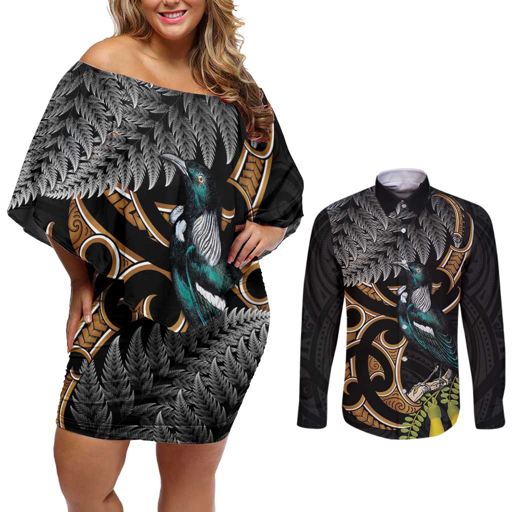 Aotearoa Kowhai Tui Bird Couples Matching Off Shoulder Short Dress and Long Sleeve Button Shirt Maori Ngaru With Silver Fern
