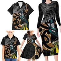 Aotearoa Kowhai Tui Bird Family Matching Long Sleeve Bodycon Dress and Hawaiian Shirt Maori Ngaru With Silver Fern