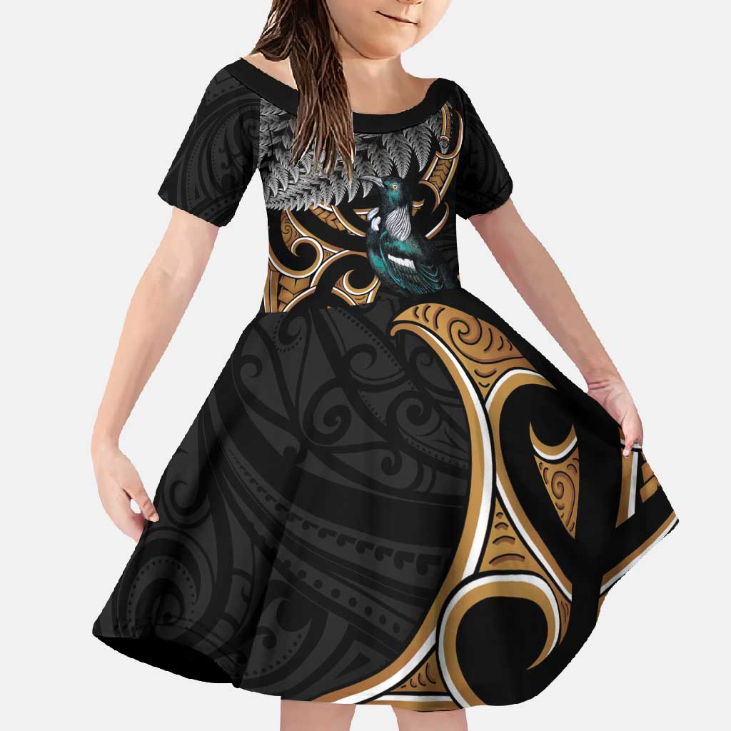 Aotearoa Kowhai Tui Bird Family Matching Off Shoulder Maxi Dress and Hawaiian Shirt Maori Ngaru With Silver Fern