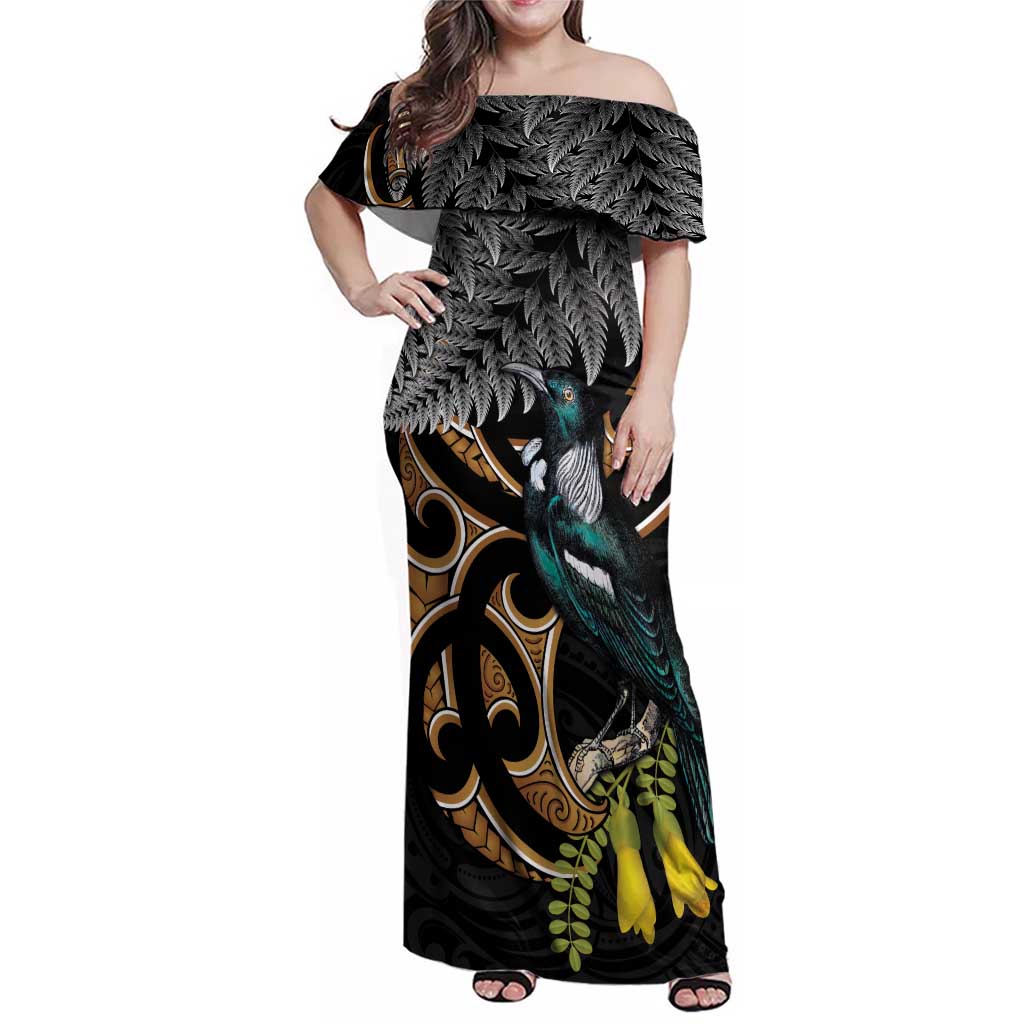 Aotearoa Kowhai Tui Bird Family Matching Off Shoulder Maxi Dress and Hawaiian Shirt Maori Ngaru With Silver Fern